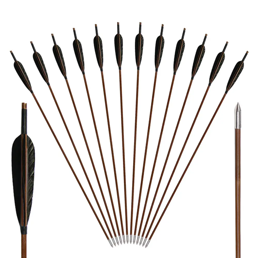 12x 33" 8mm Parabolic Black Feather Fletched Bamboo Archery Practice Arrows with Field Points