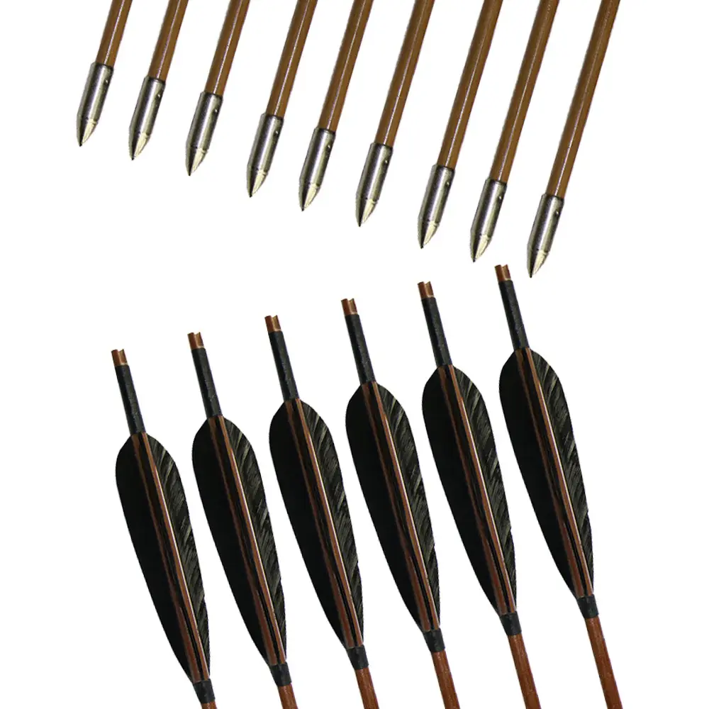 12x 33" 8mm Parabolic Black Feather Fletched Bamboo Archery Practice Arrows with Field Points
