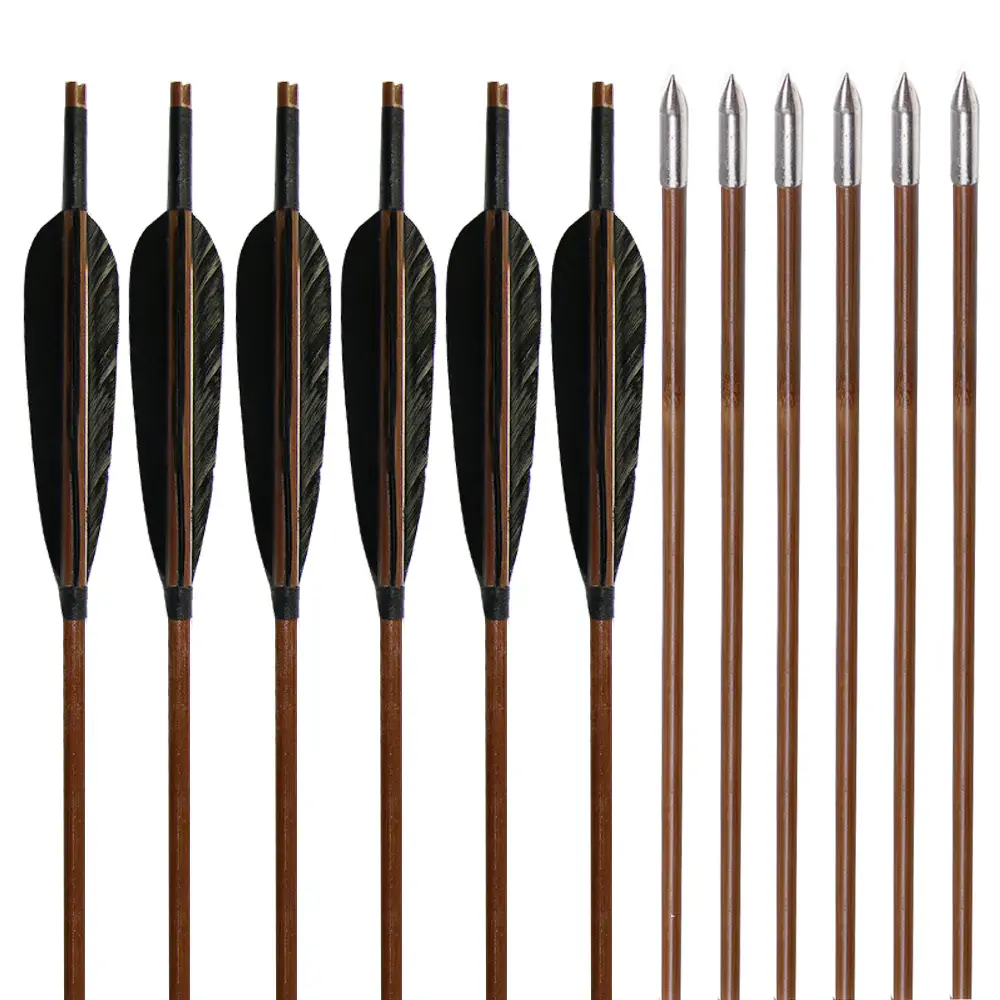 12x 33" 8mm Parabolic Black Feather Fletched Bamboo Archery Practice Arrows with Field Points