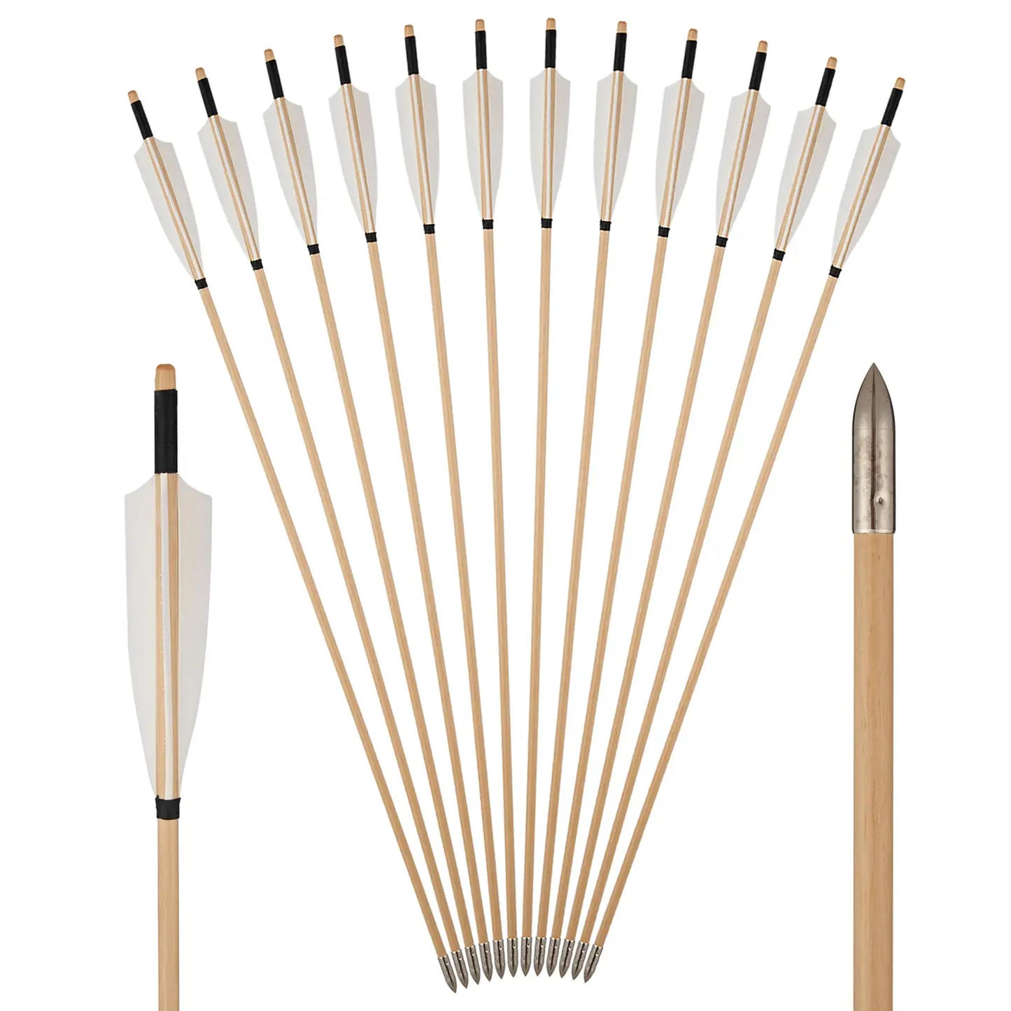 12x 31.5" Fletched Trad Archery Wooden Practice Arrows White Turkey Feather Target Shooting