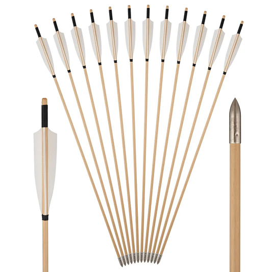 12x 31.5" Fletched Trad Archery Wooden Practice Arrows White Turkey Feather Target Shooting